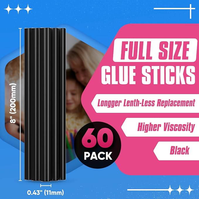 EZUVITA 60-Pack Full Size Hot Glue Sticks, 0.43” Dia x 8” Long | Black - Image 3