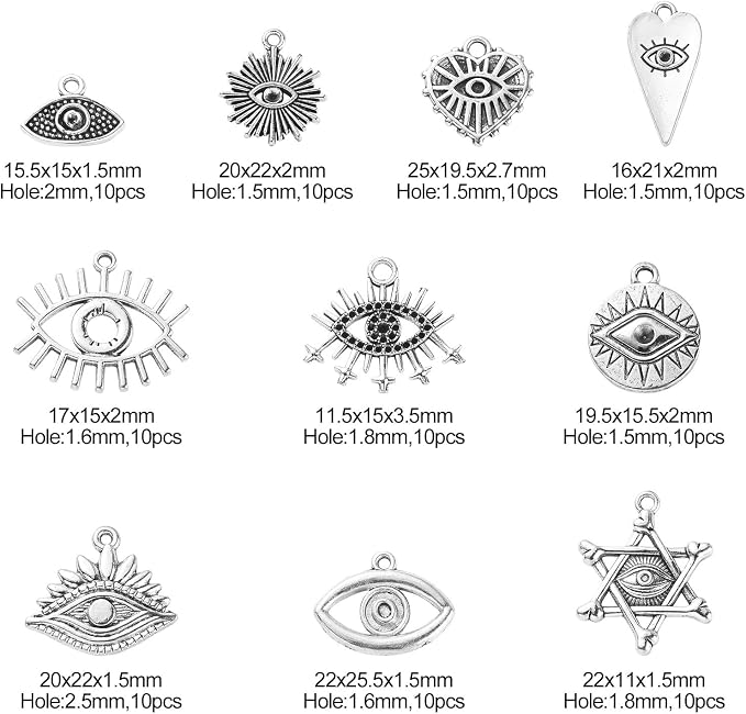 DanLingJewelry 100Pcs 10 Styles Evil Eye Charms Antique Silver - Image 2