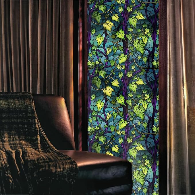 Purple Grape Vine Green Leaf Stained Glass Window Films Decorative Double-Side - Image 2