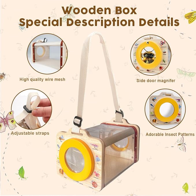 Wooden Insect Observation Kit for Kids, Insect Habitat Cage, Butterfly Net - Image 3