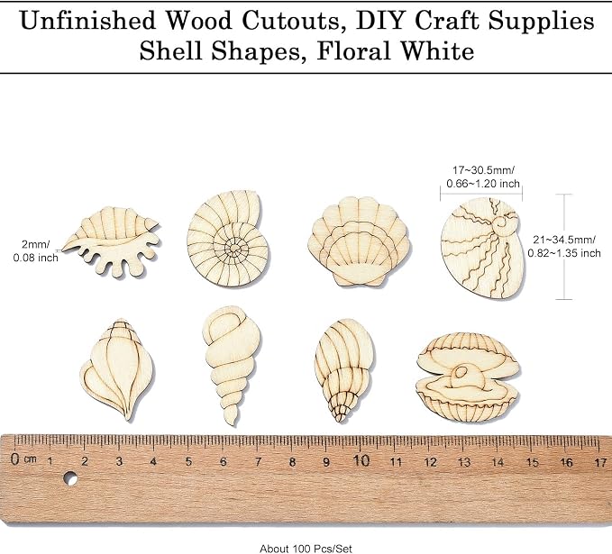 200 pcs Mixed Styles Sea Shell Theme Unfinished Wooden Cutout Charms Conch - Image 2