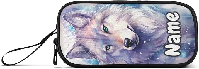 Custom Wolf Watercolor Pencil Case Box Boys Girls Personalized Name Large - Image 6