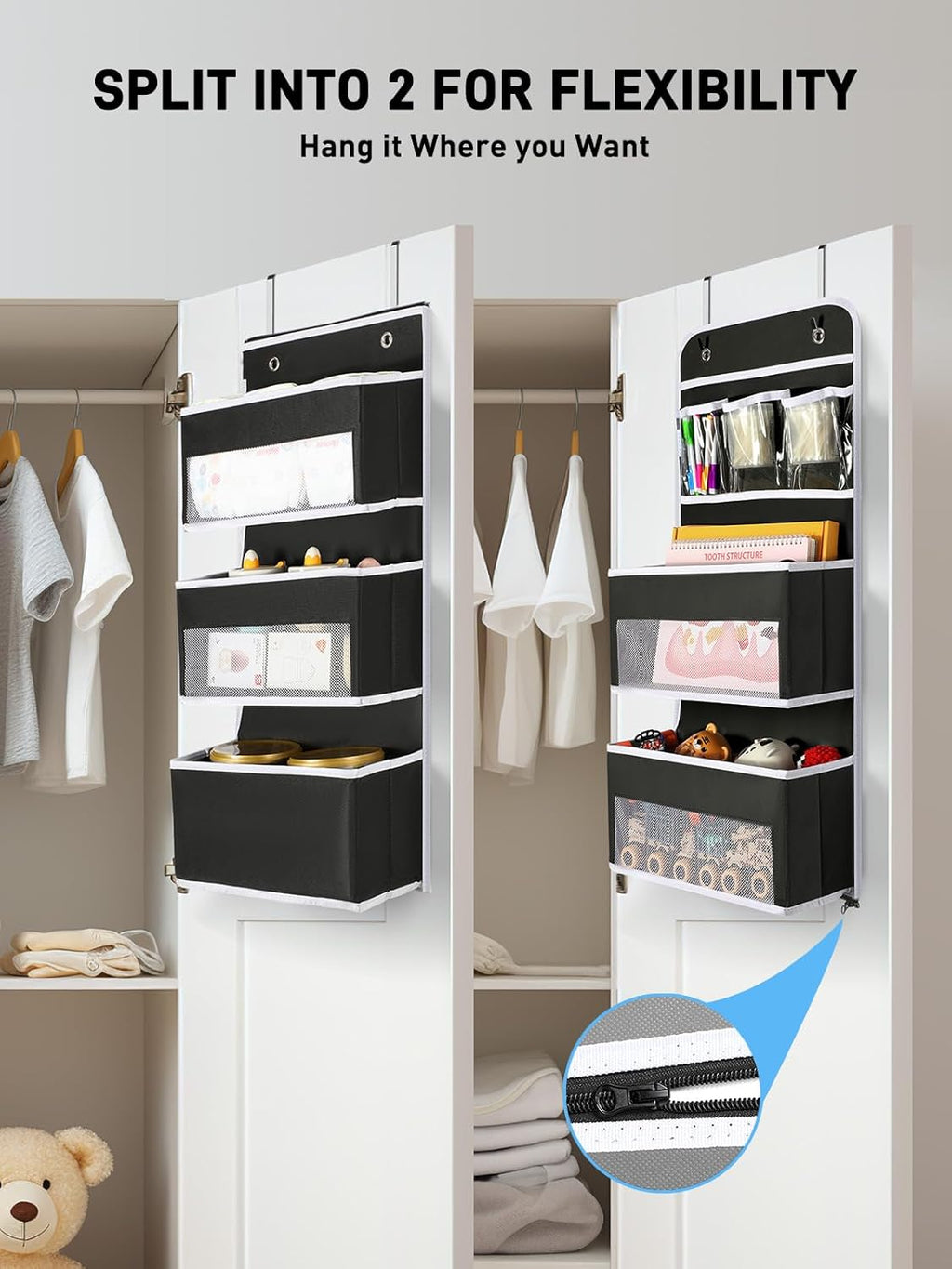 Yecaye 6-Tier Over The Door Storage Organizer, Flexible 1 Split into 2 Swing-Proof Hanging Bathroom Organizer, Bedroom Organizers and Storage for Newborn Baby Essentials, Black