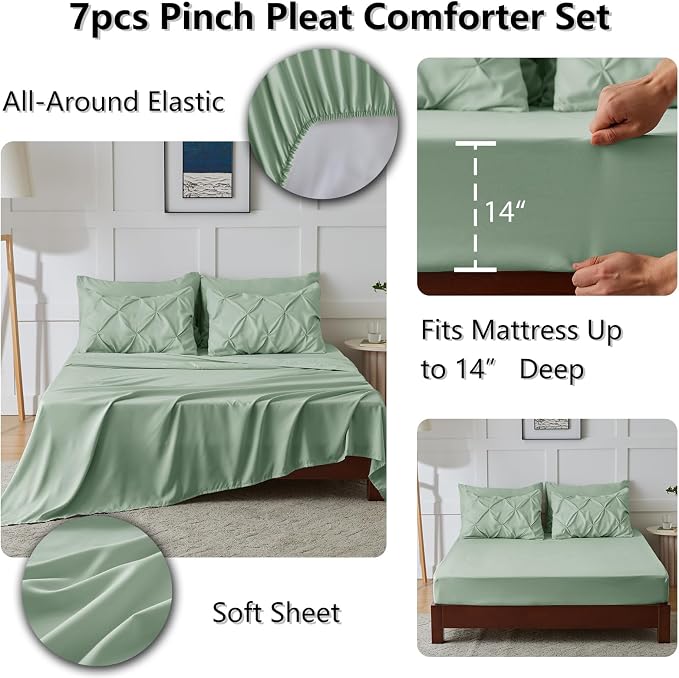 CozyLux Full Size Comforter Sets Sage Green, 7 Pieces Pintuck Bed in A Bag - Image 6