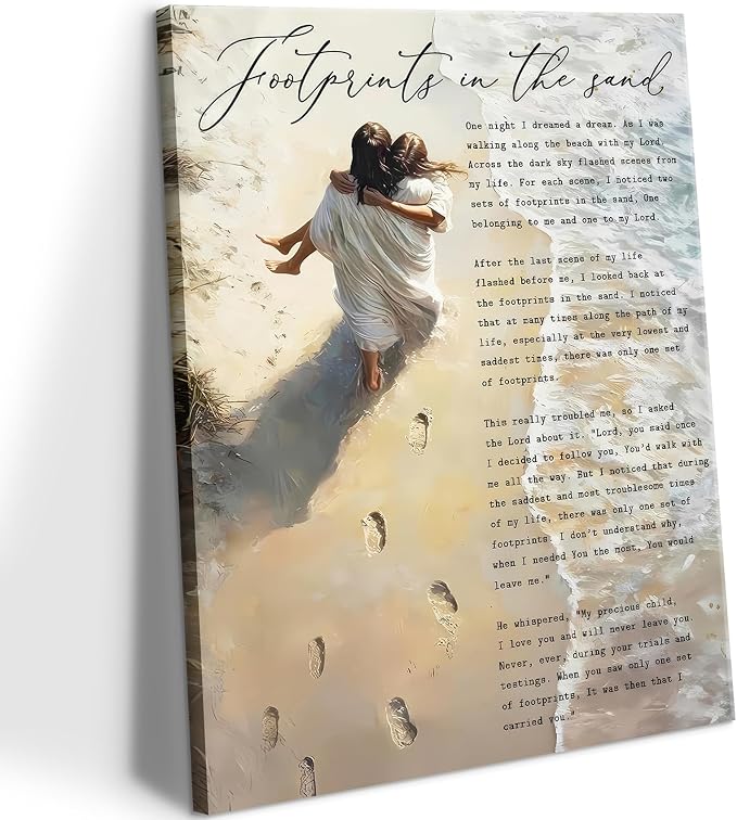 CYPQPCUH Jesus Footprints in the Sand Wall Art Canvas Print Jesus Holding Woman by wallart