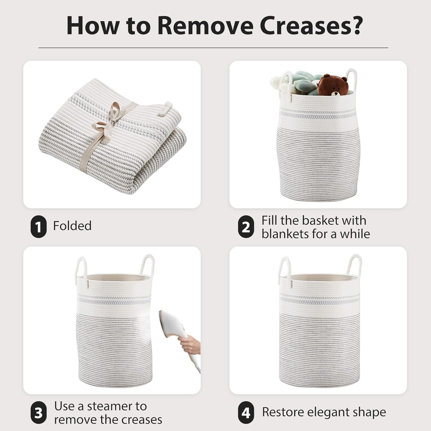 Fiona's magic 58L Woven Rope Laundry Hamper, Tall Boho Laundry Basket Storage, Large Baby Nursery Hamper for Blankets, Toys and Clothes Hamper for Bedroom and Living Room Organizing, Jute, White