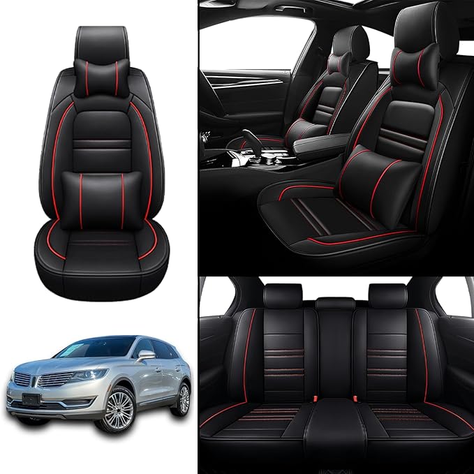 Car Seat Covers for Lincoln mkx 2007-2018 | 5-Seats Seat Covers, Waterproof Seat Protectors, Automotive Seat Covers (Full Set with Pillow,Black&Red Line)