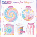 Pickmesh 400 Pcs Tie Dye Party Supplies Set Pastel Include Disposable Paper - Image 3