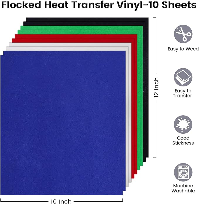 Flocked HTV Vinyl Sheets, Colorful Flock Iron on Vinyl-10 Pcs 12"x10" | Flock - Image 5