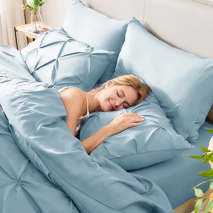 CozyLux King Size Comforter Set Light Blue, 7 Pieces Pintuck Bed in A Bag Blue - Image 8