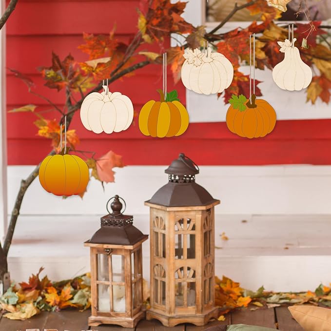 24 PCS Unfinished Wooden Fall Crafts, Pumpkin Shaped Hanging Ornaments DIY Wood - Image 6