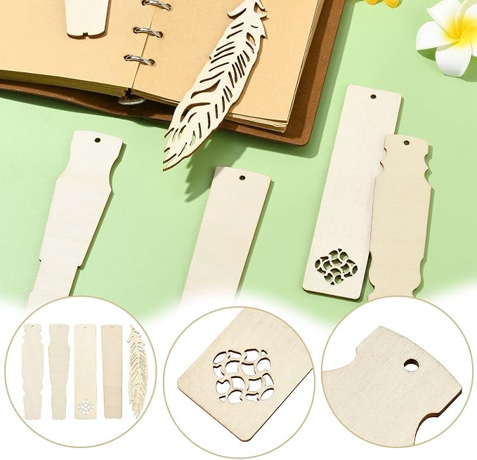 50 pcs 5 Styles Blank Theme Unfinished Wood Cutout Bookmarks Feather Flower - Image 3