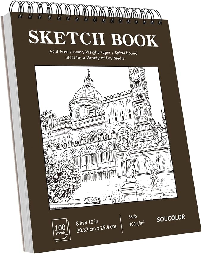 Soucolor 8x10 Sketch Book, 100 Sheets, 68lb Acid-Free Spiral Bound Pad | 68lb by Soucolor