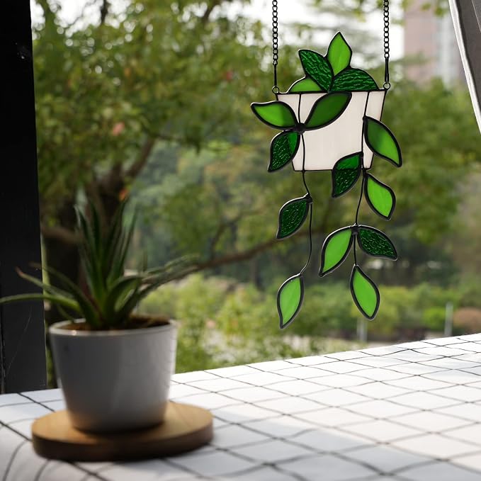 BOXCASA Plant Stained Glass Window Hanging Handmade Green Suncatcher Gift | - Image 5