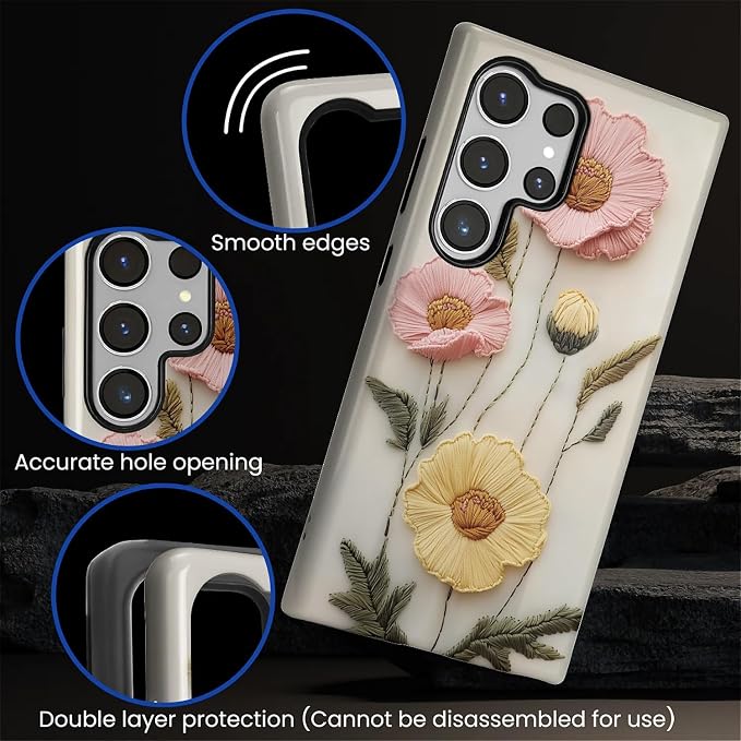 Case for Samsung Galaxy S24 Ultra Case, Faux Embroidery Boho Floral Design - Image 5