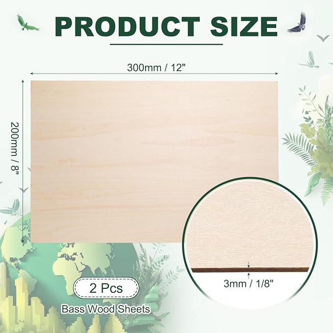 HARFINGTON 2pcs 3mm Basswood Plywood Sheets 12" x 8" x 1/8" Thin Unfinished - Image 2