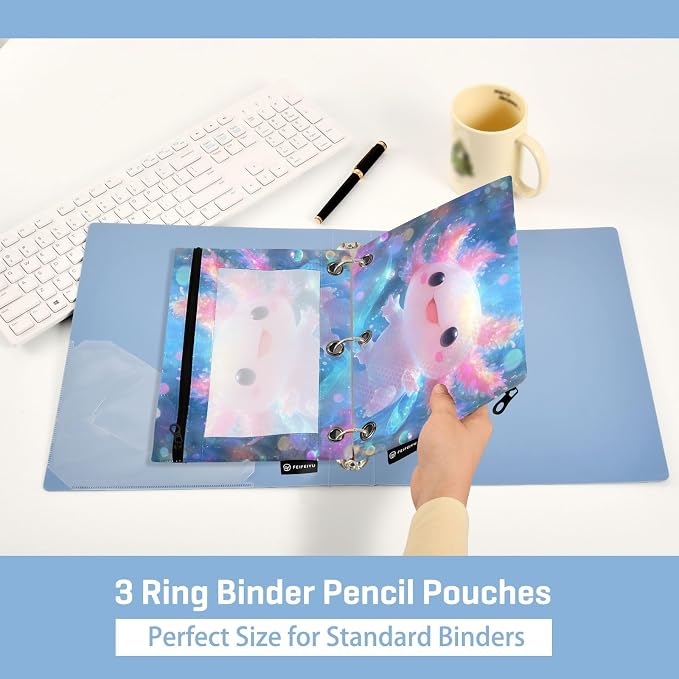 Shiny Axolotl Pencil Pouch for 3 Ring Binder, 2 Pack Waterproof Pencil Bags - Image 4