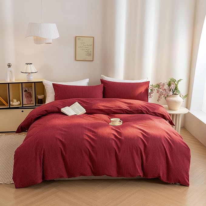 PinkMemory Red Striped Duvet Cover King 100% Washed Cotton Vintage Stripes by PinkMemory
