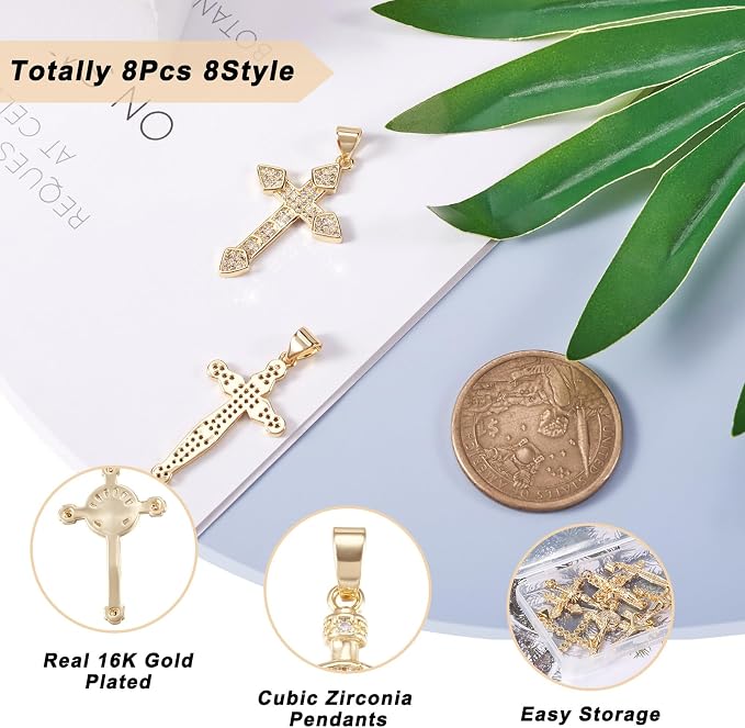 Cheriswelry 8Pcs Cubic Zirconia Cross Charms Real 16K Gold Plated CZ Micro Pave - Image 5