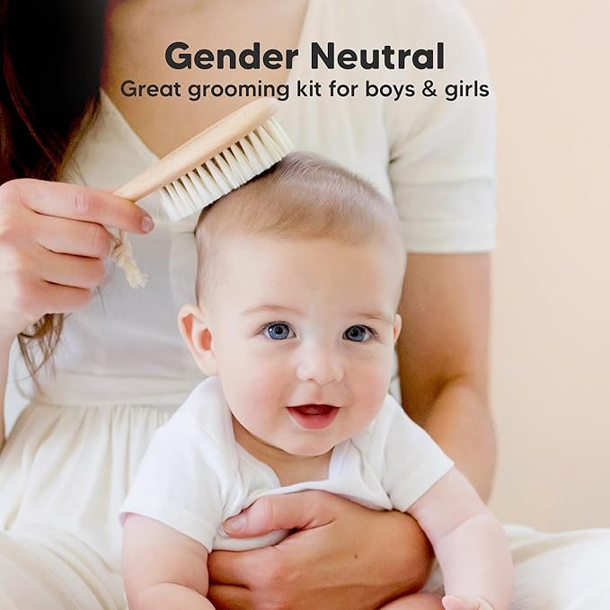 Wooden Baby Hair Brush - Cradle Cap Baby Brush with Soft Goat Bristles, Perfect Gentle Scalp Newborn Comb for Infant, Girls, Boys, Bath Essentials (Walnut, Oval)