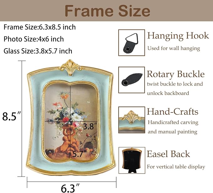 Vintage Picture Frame 4x6 Antique Ornate Photo Frame Tabletop and Wall Hanging - Image 4