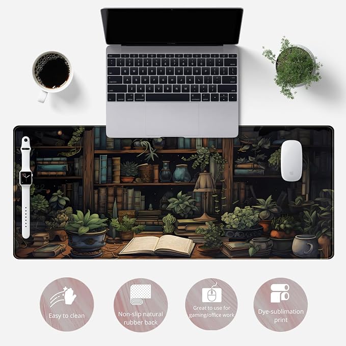 Desk Mat Green Bonsai Library Book Mouse Pad Big Vintage Aesthetic Desk Pad - Image 2