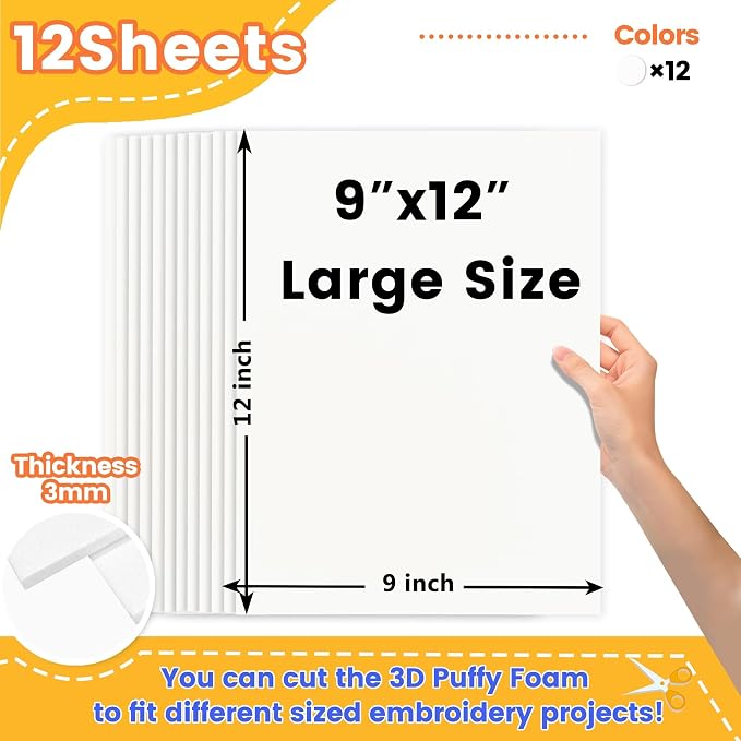 New brothread - 16 Options- 12PCS Embroidery Puffy Foam 9″x12″ Large Size 3MM - Image 2