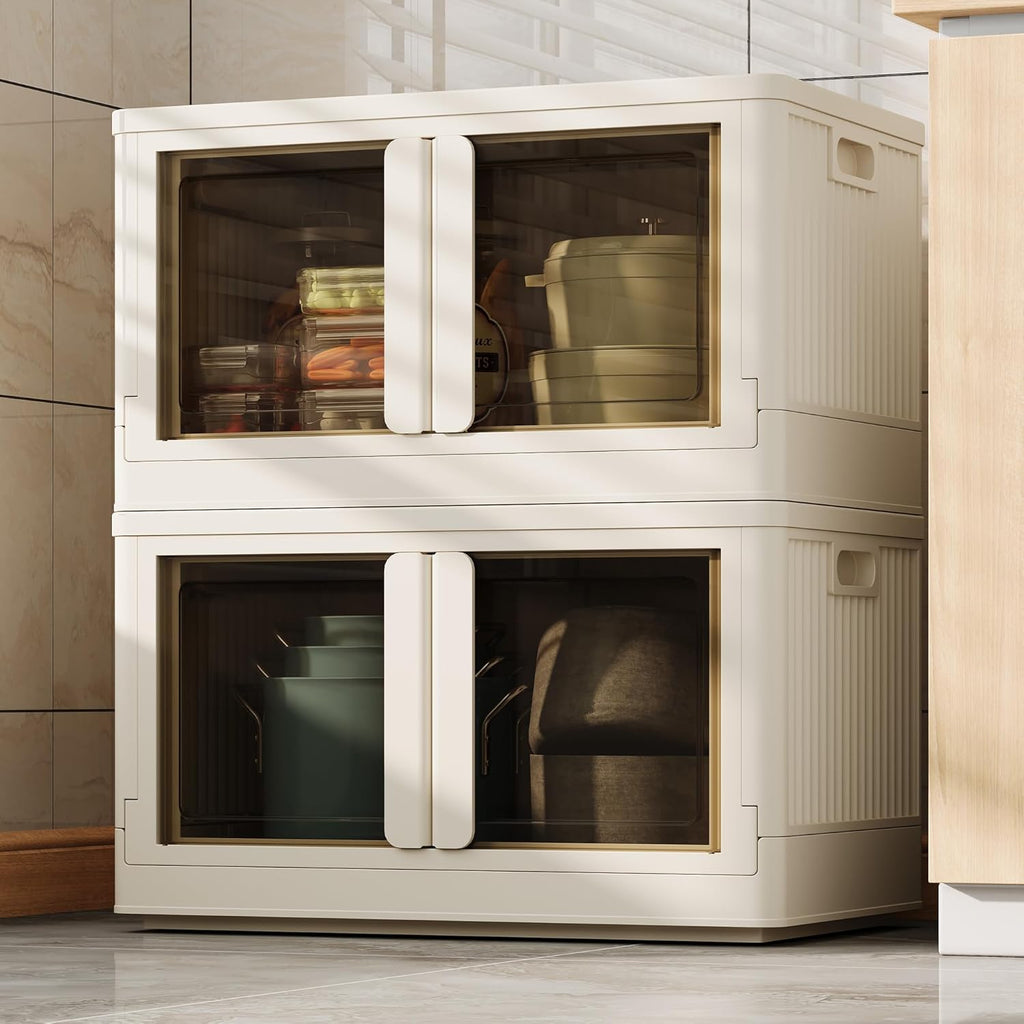 FLEXIMOUNTS 152 QT Stackable Storage Bins With Lids, Collapsible Plastic Storage Bins, Closet Organizers and Containers with Doors and Built-in Wheels For Home, 2 Pack Cubes, Milky White