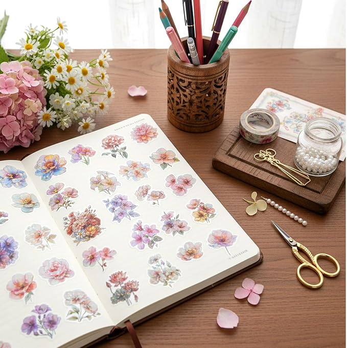 30 PCS Sparkly Flower Stickers Clear Glitter Floral Stickers Holographic PET - Image 6
