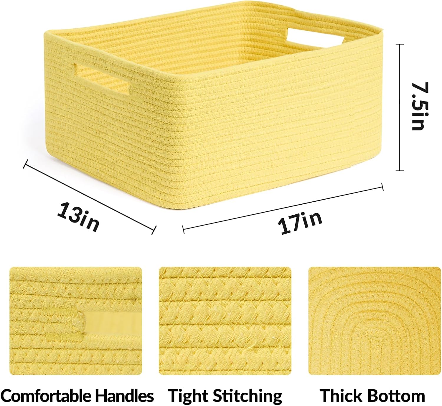 Large Storage Baskets for Shelves, Closet Organizers Bins for Clothes Blanket Towels, Baby Nursery, Toy Baskets Box, Woven Rope Baskets, 17 x 13 x 7.5”, 2 Packs Yellow