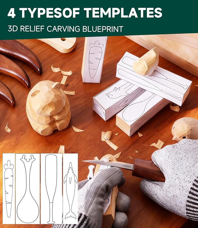 Wood Carving Kit, Deluxe Whittling Kit, 9 Wood Carving Knives 5 Chisels 4 Blocks - Image 6