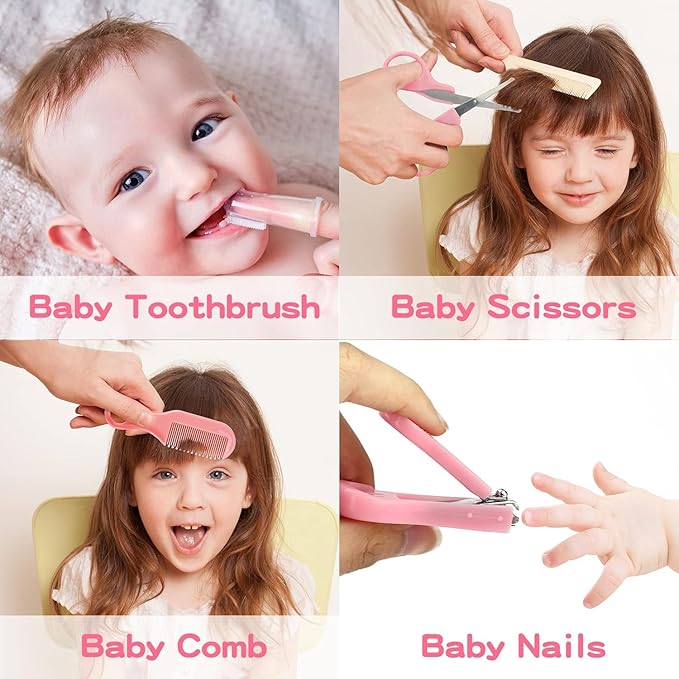 Baby Grooming and Healthcare Kit, Infant Safety Care Set with Hair Brush Comb Nail Clipper Nasal Aspirator,Baby Essentials Kit for Newborn Girls Boys (13 in 1, Pink)