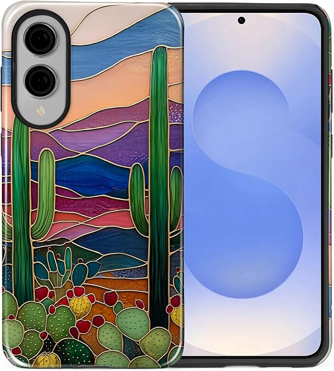 for Samsung Galaxy S25 Edge Case, Stained Glass Cactus Pattern Glossy 2 in 1 - Image 2