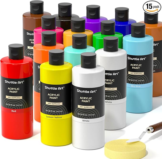 Shuttle Art Acrylic Paint, 15 Pack Acrylic Paint Large Bottle Set, 473ml/16oz by ShuttleArt