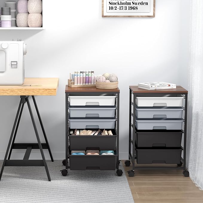 SYKIARIOL Utility Cart with 5 Drawers, Storage Drawer Cart with Wooden Tabletop - Image 9