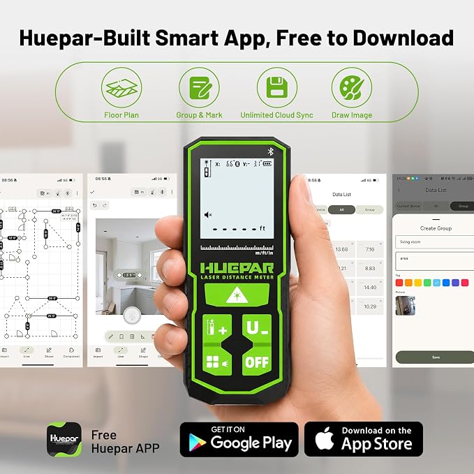 Huepar 395FT Bluetooth Green Laser Measuring Tool S120-G-BT | 1/16in Accuracy - Image 2