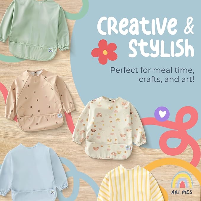 ARI MES Long Sleeves Waterproof Baby Bibs for Eating - Black Spots, Large- Wearable, Coverall for Toddler, Long Sleeve Bib, Smock for Toddler, Apron for Feeding - Applicable for 6-72 Months