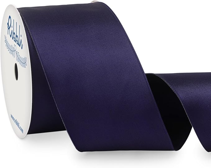Ribbli Navy Double Faced Satin Wired Ribbon 2.5 Inch Navy Christmas Ribbon by Ribbli