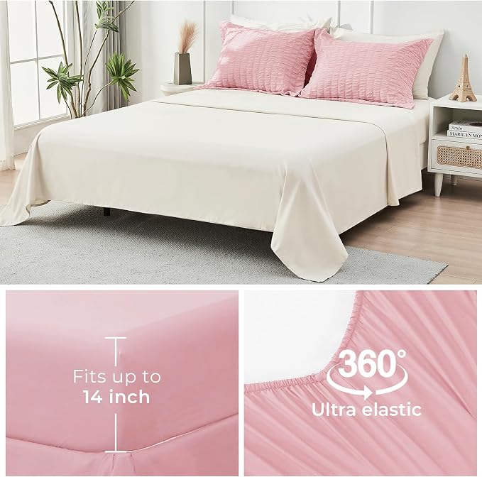 HYMOKEGE Pink/Ivory Twin Comforter Set Seersucker 5 Pieces, All Season Luxury - Image 7