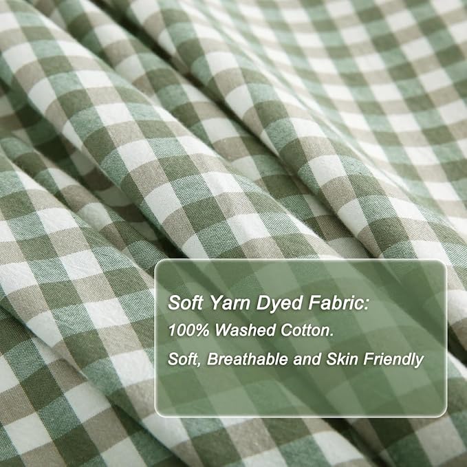 Silnuo Sage Green/White Plaid Ruffle Duvet Cover Twin Size, 100% Washed Cotton - Image 6