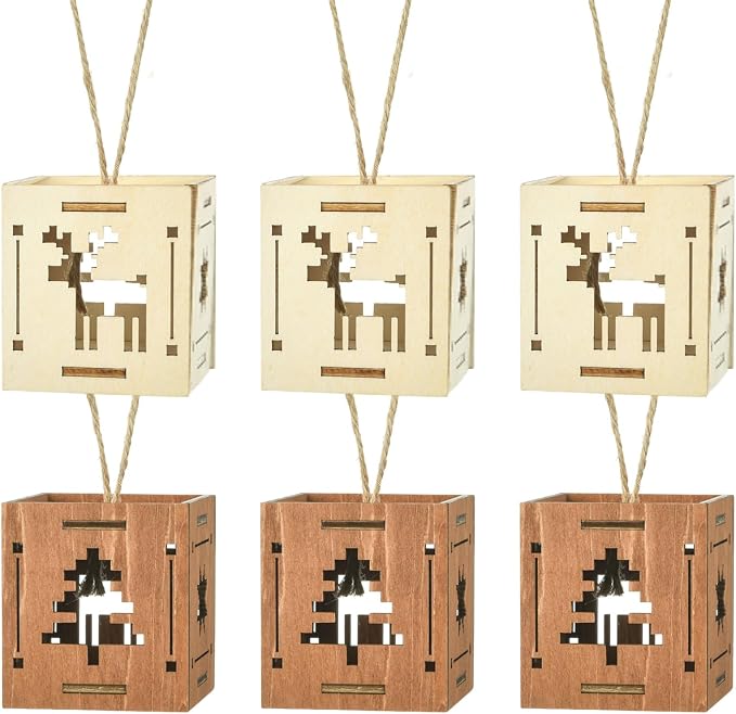 6 pcs 2 Styles Christmas Splicing Theme Undyed Wooden Cutout Charms Square by Gythara