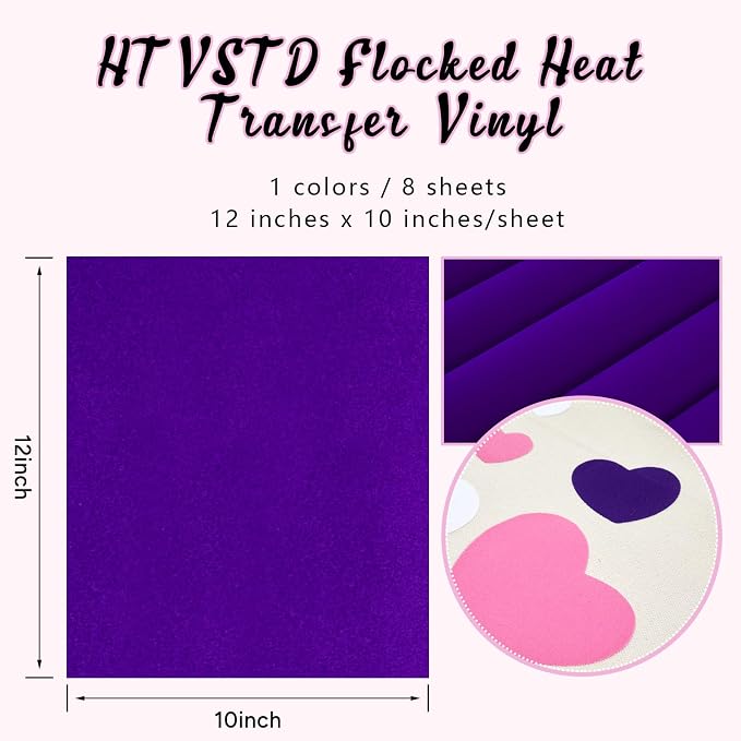 HTVSTD Hot Purple Flock HTV Heat Transfer Vinyl 8pcs 12×10in | Colorful Flock - Image 2