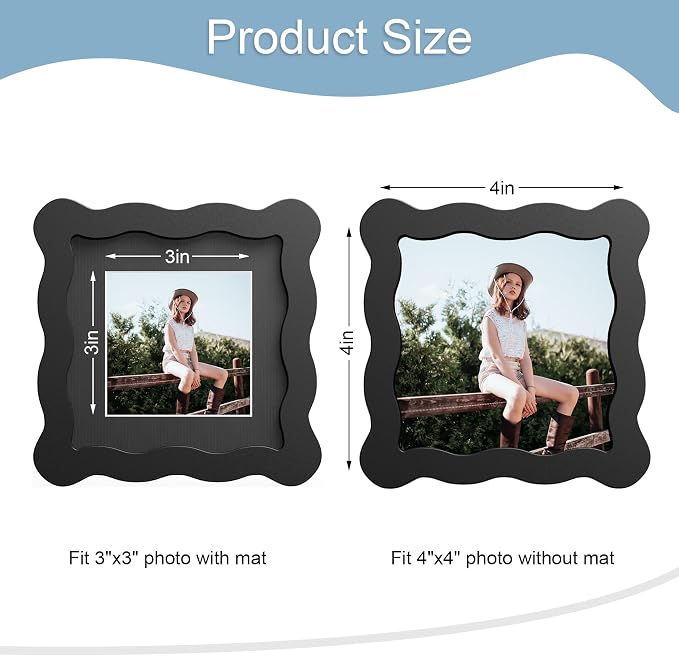 4x4 Picture Frame with Mat for 3x3, Wavy Edge Wooden Real Glass Photo Frame for - Image 3