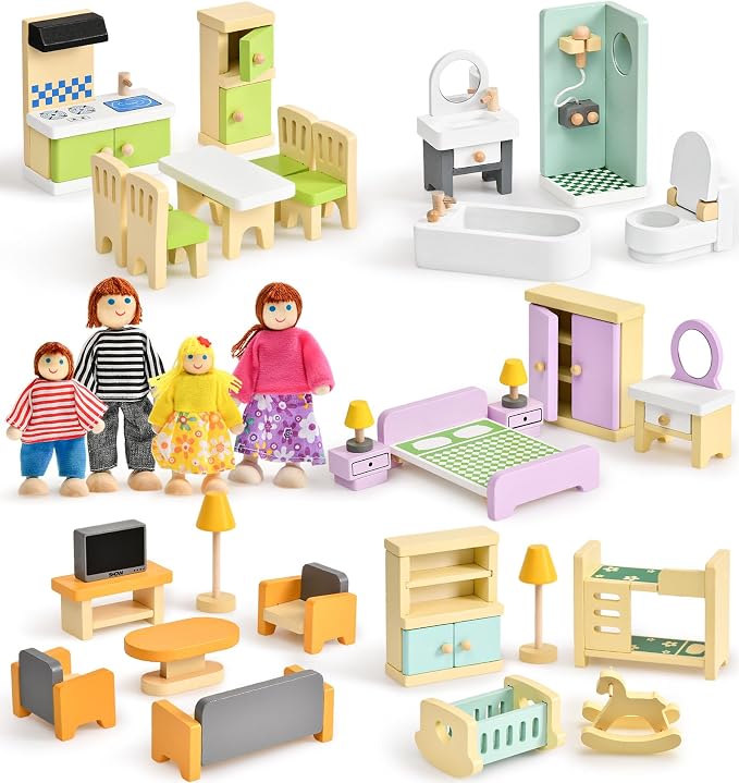 Toyssa Wooden Dollhouse Furniture Set, Pretend Play Toys Birthday Gift by Home