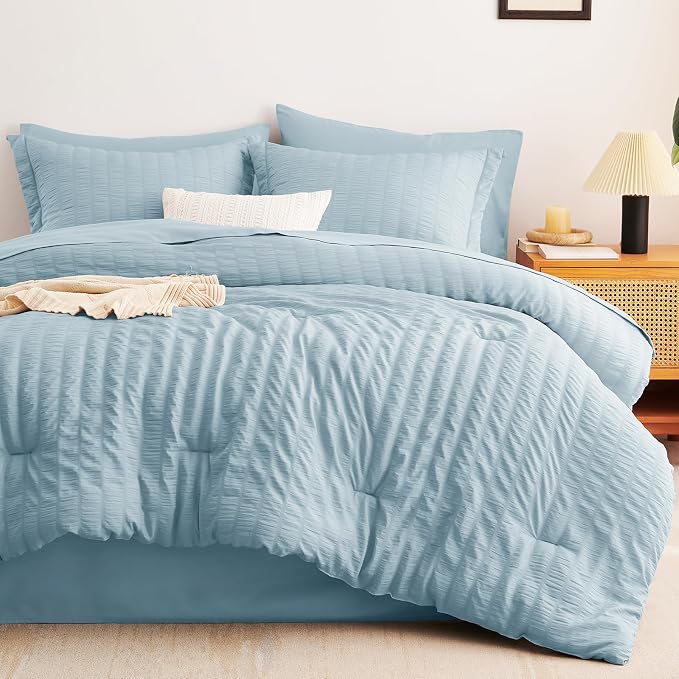 CozyLux Queen Comforter Set Light Blue Seersucker 7 Pieces Bed in a Bag Queen - Image 9