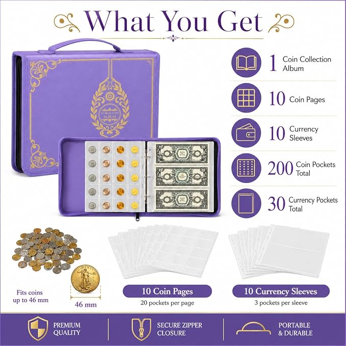 Coin Collection Book Holder for Collectors, 200 Pockets Collecting Album& 30 - Image 6