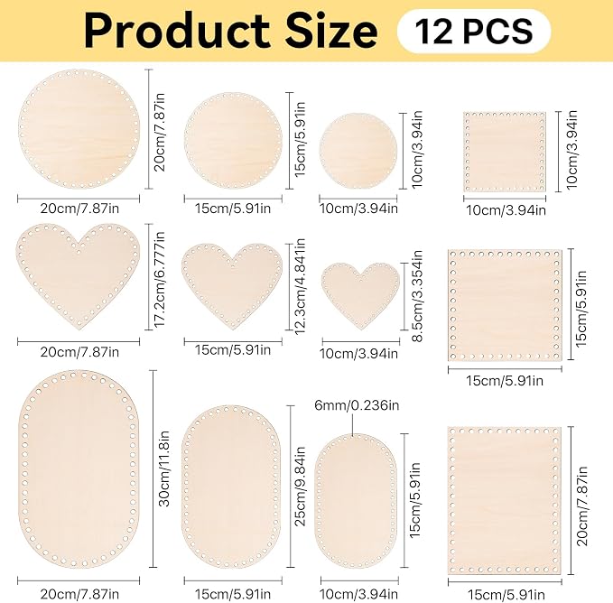12PCS Wooden Basket Bottom, Oval Round Square Heart Shape Wood Blank Crochet - Image 3