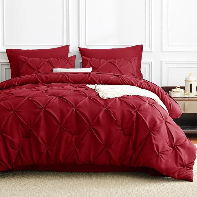 CozyLux Full Size Comforter Sets Dark Red, 7 Pieces Pintuck Bed in A Bag Red - Image 8