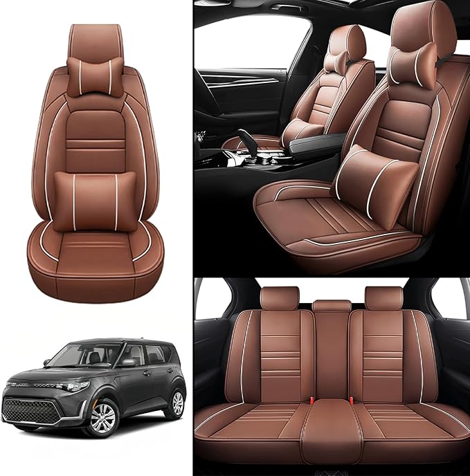 Car Seat Covers for kia Soul 2010-2025 | 5-Seats Seat Covers, Waterproof Seat Protectors, Automotive Seat Covers (Full Set with Pillow,Coffee)