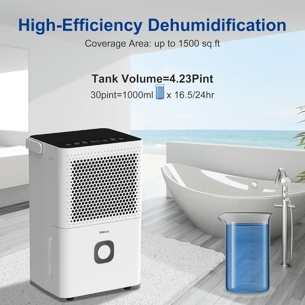 Shinco 30 Pints Dehumidifier for Home and Basements, 1500 Sq.Ft Dehumidifiers with Drain Hose, Auto or Manual Drainage, Auto Defrost, Quietly Remove Moisture, Activated Carbon Filter, 24HR Timer